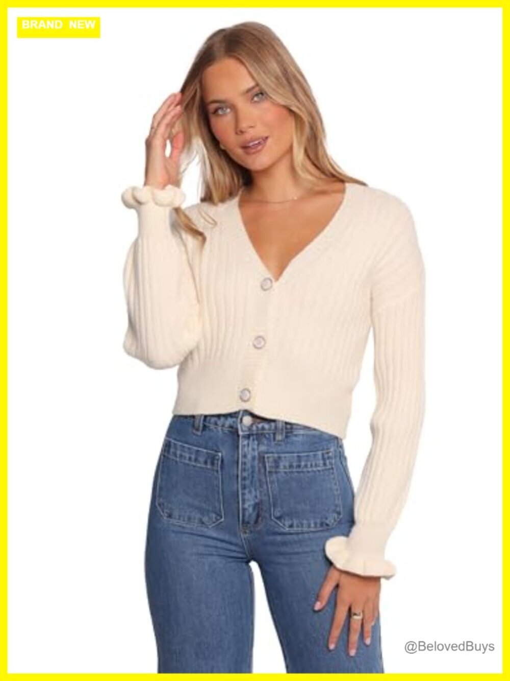 Ribbed Knit Ruffle Cuff Cardigan Button Down Sweater Long Sleeve